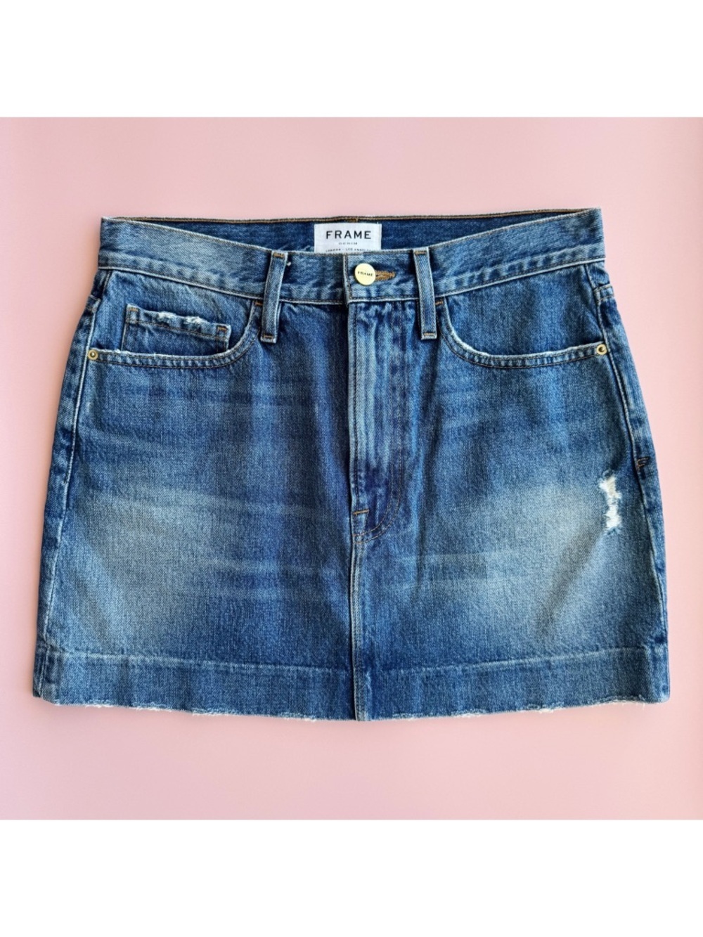 Sz 27 FRAME Blind Stitch Denim Medium Wash Mini Skirt In Kildare Wash GUC